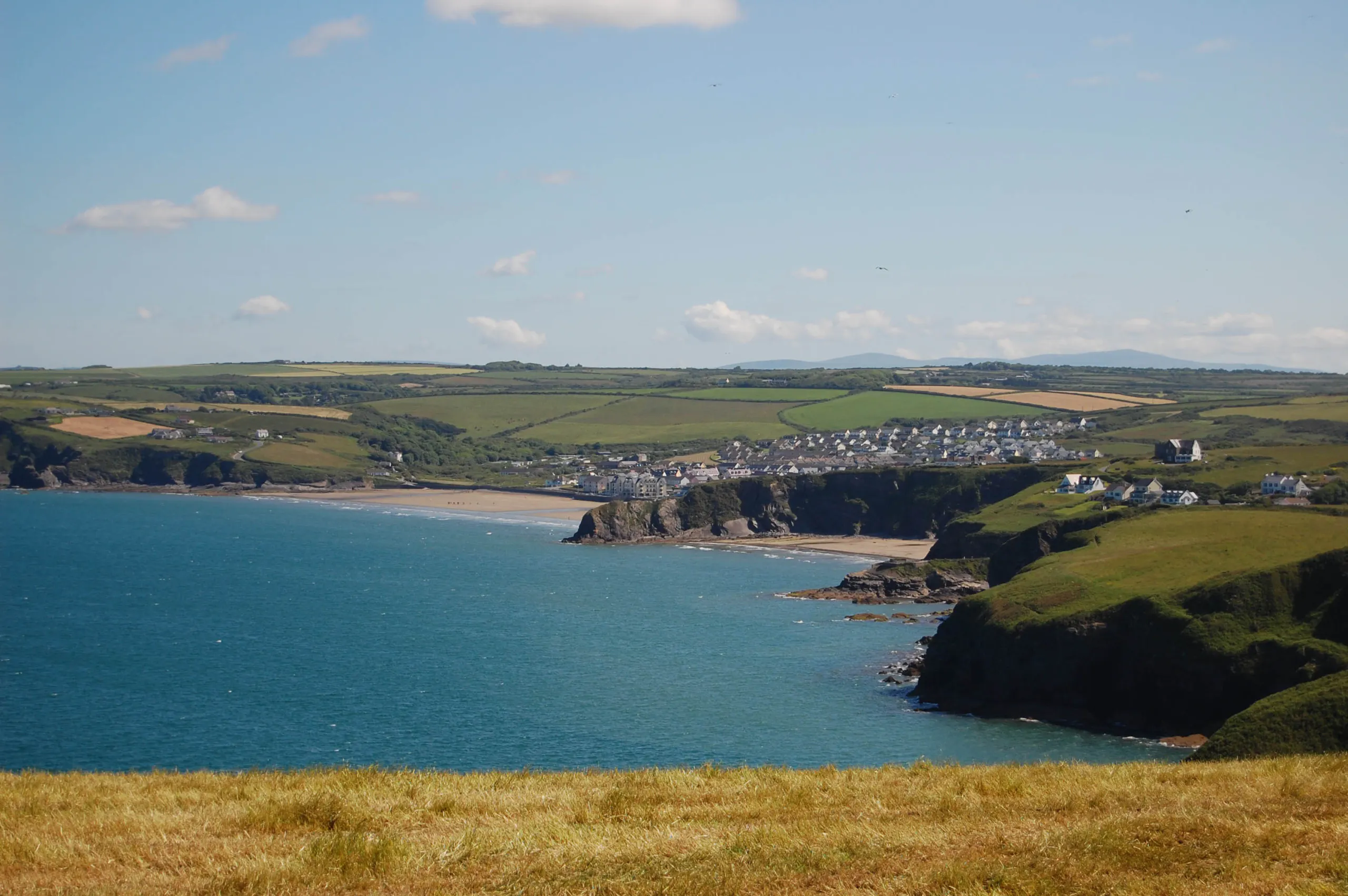 Coastal bay with cliffs, grassy hills and a small town in the distance