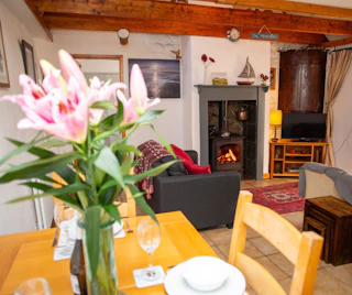 dining area and living room, with fireplace and tv