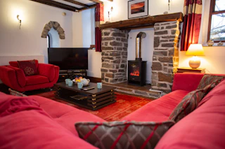 Living room with red sofas, stone fireplace, wood-burning stove, and a television in the corner